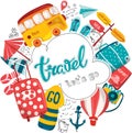 Objects of tourist and passenger baggage for advertising, website, banner. Planning a summer vacation, adventure or business trip.